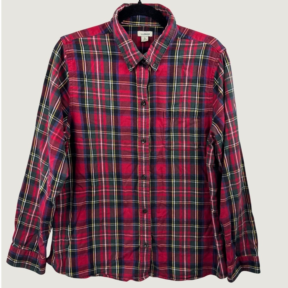 L.L. Bean Flannel Shirt Womens Large Red Plaid Cotton Button Down Outdoor 273137